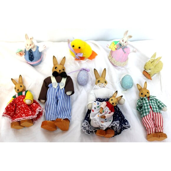Lotte Sievers Hahn Bunnies Hand Carve Basal Wood Family 11pc Set Germany Flaws - Picture 1 of 12
